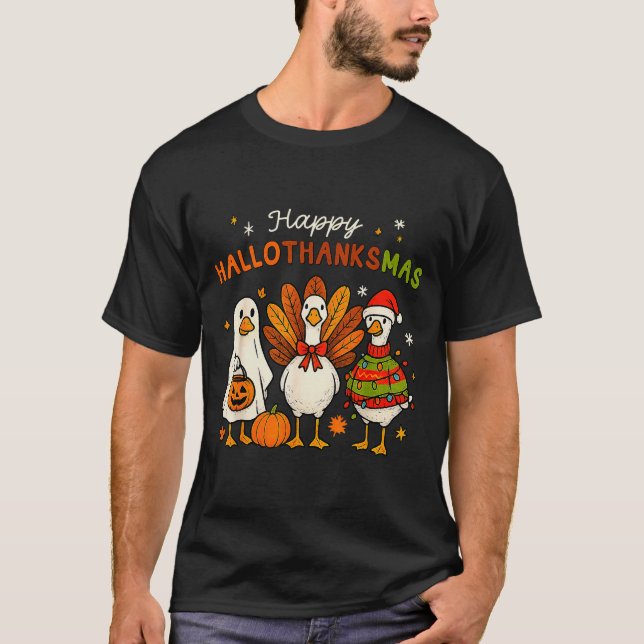 Happy Hallothanksmas Goose Halloween Thanksgiving  T Shirt (Framsida)