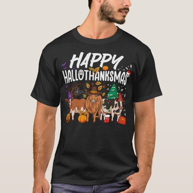Happy HalloThanksMas Halloween Thanksgiving Christ T Shirt (Framsida)