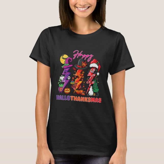 Happy Hallothanksmas lightning bolt Witch Santa Ha T Shirt (Framsida)