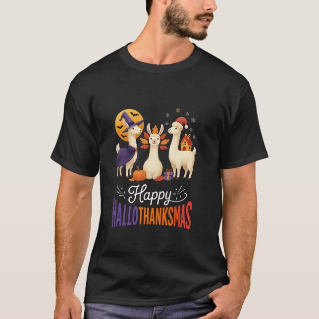 Happy Hallothanksmas Llamas Halloween Thanksgiving T Shirt (Framsida)