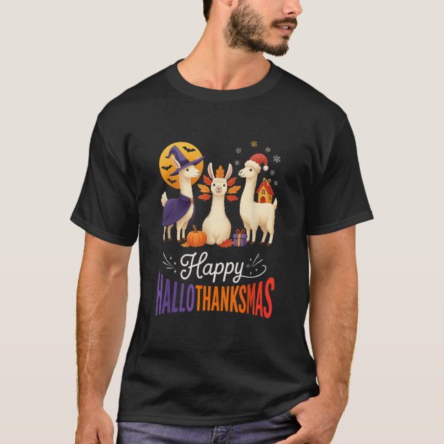 Happy Hallothanksmas Llamas Halloween Thanksgiving T Shirt (Framsida)