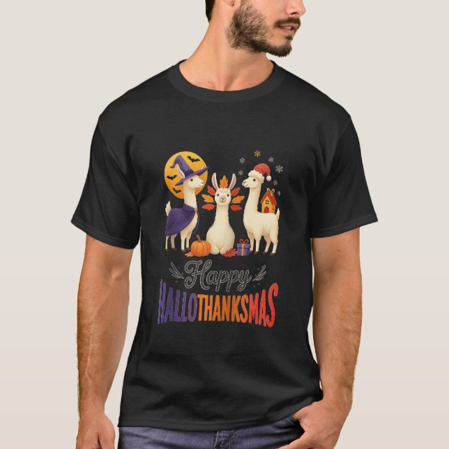 Happy Hallothanksmas Llamas Halloween Thanksgiving T Shirt (Framsida)