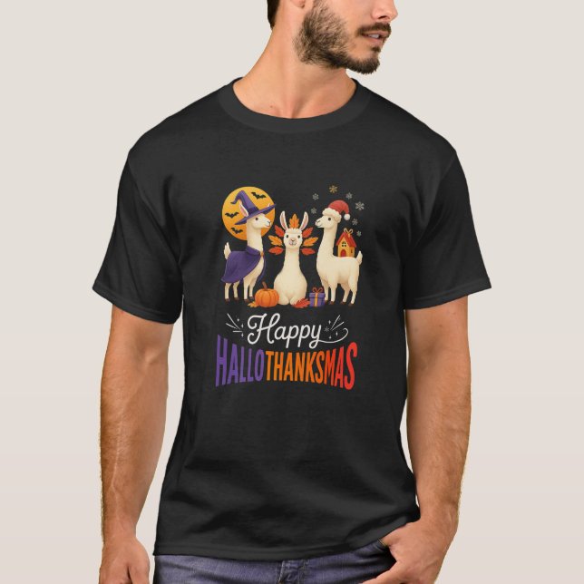 Happy Hallothanksmas Llamas Halloween Thanksgiving T Shirt (Framsida)