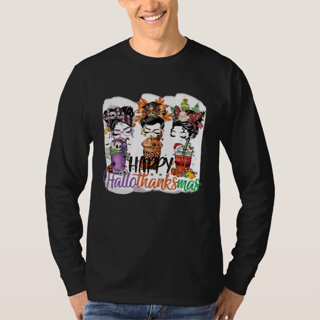 Happy Hallothanksmas Messy Bun Halloween Thanksgiv T Shirt (Framsida)