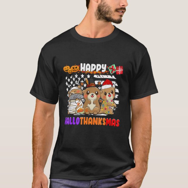 Happy Hallothanksmas Otter  Thanksgiving Christmas T Shirt (Framsida)