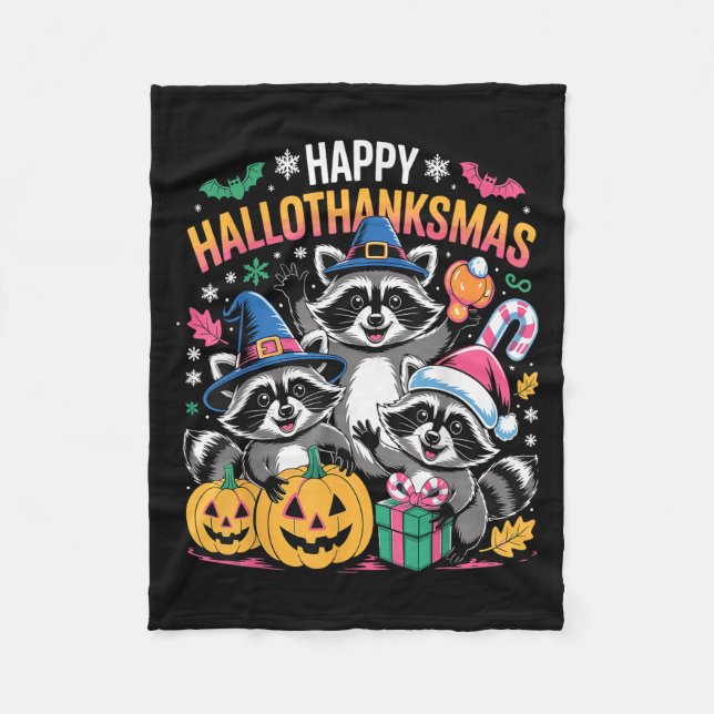 Happy Hallothanksmas Raccoon Halloween Merry Chris Fleecefilt (Framsidan)