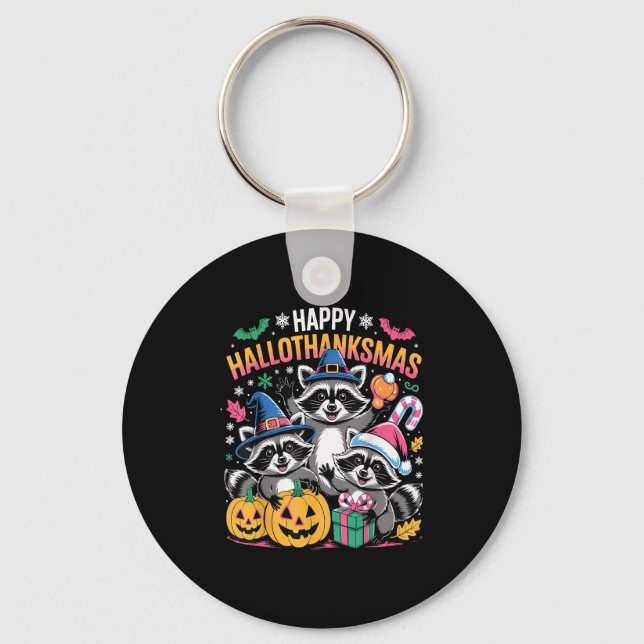 Happy Hallothanksmas Raccoon Halloween Merry Chris Nyckelring (Framsida)