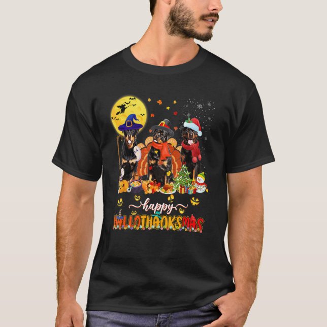 Happy Hallothanksmas Rottweiler Wizard Hat Turkey  T Shirt (Framsida)