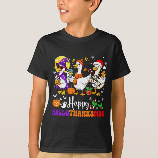 Happy Hallothanksmas Santa Goose Witch Soky Season T Shirt (Framsida)