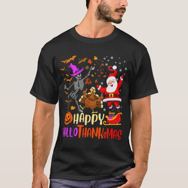 Happy Hallothanksmas Skeleton Pumpkin Turkey Santa T Shirt (Framsida)