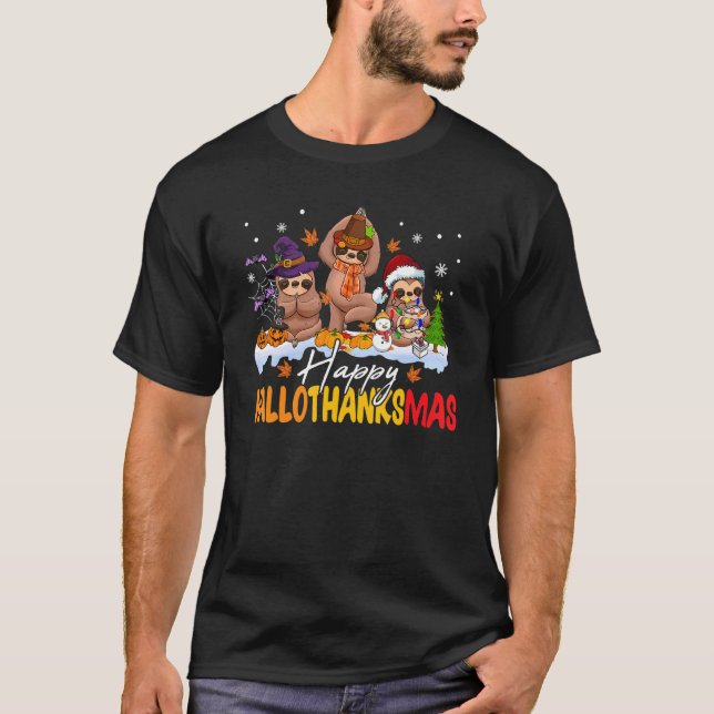 Happy Hallothanksmas Sloth  Thanksgiving Christmas T Shirt (Framsida)
