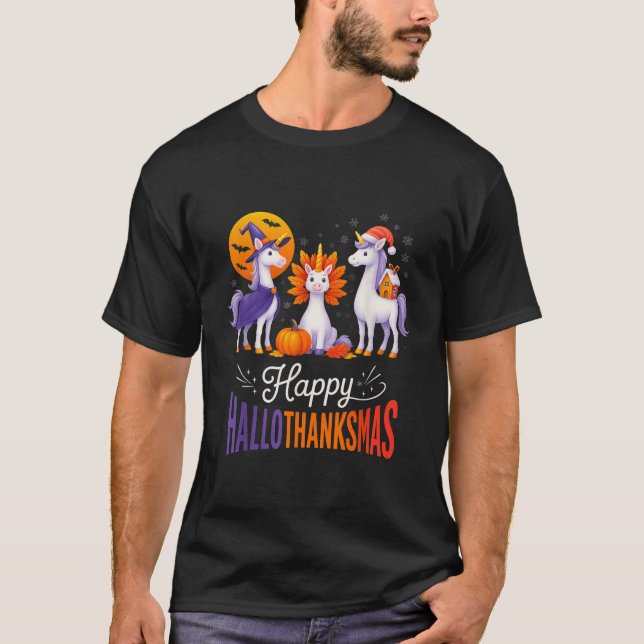 Happy Hallothanksmas Unicorns Halloween Thanksgivi T Shirt (Framsida)