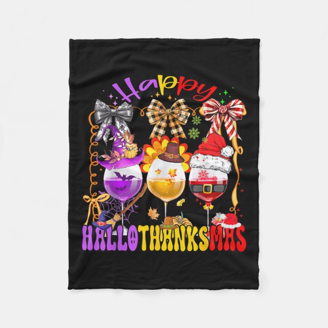 Happy Hallothanksmas Wine Gl Halloween Thanksgivin Fleecefilt (Framsidan)