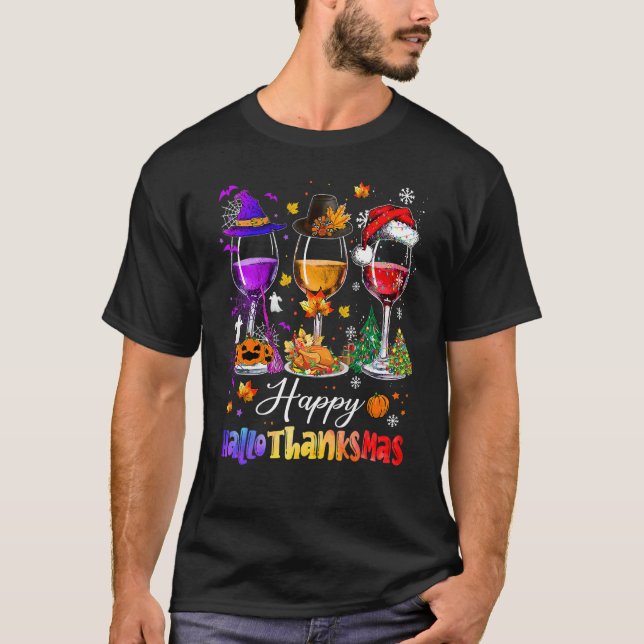 Happy Hallothanksmas Wine Glasses Witch Santa Hat  T Shirt (Framsida)
