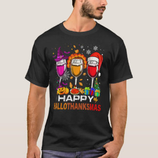 Happy Hallothanksmas Wine Glasses Witch Santa Hat  T Shirt