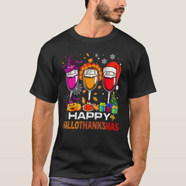 Happy Hallothanksmas Wine Glasses Witch Santa Hat  T Shirt (Framsida)