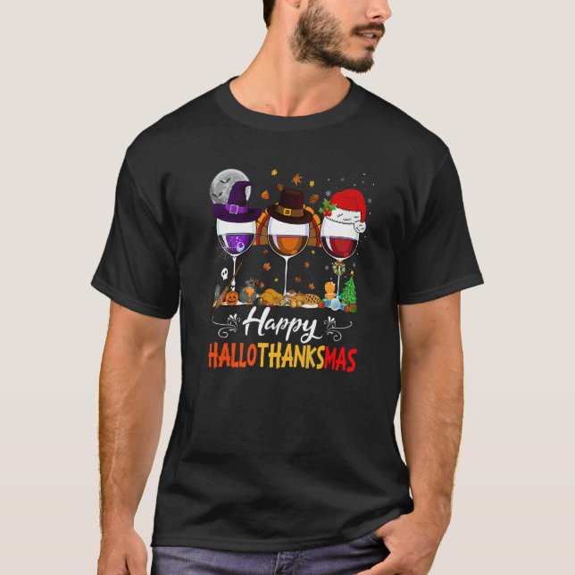 Happy Hallothanksmas Wine Glasses Witch Santa Hat  T Shirt (Framsida)