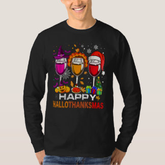 Happy Hallothanksmas Wine Glasses Witch Santa Hat  T Shirt