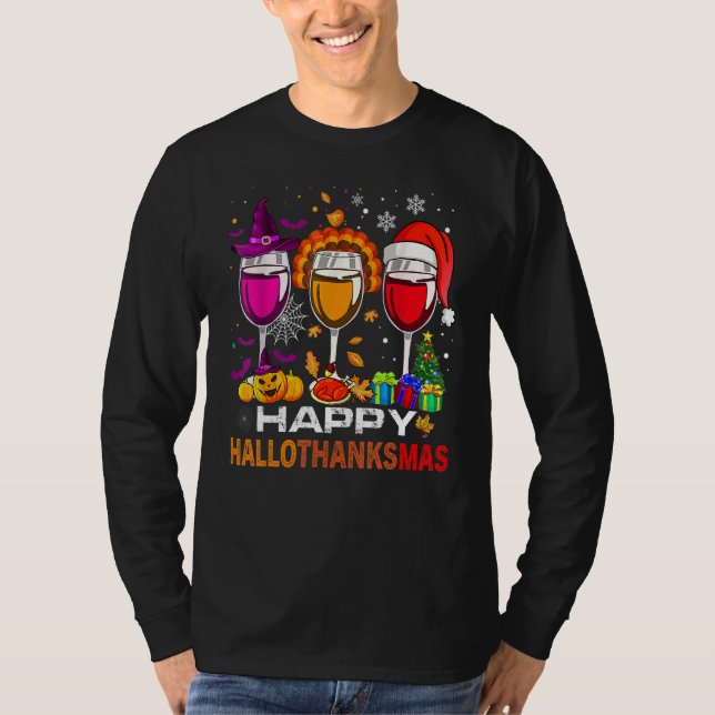 Happy Hallothanksmas Wine Glasses Witch Santa Hat  T Shirt (Framsida)