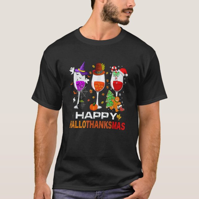 Happy Hallothanksmas Wine Glasses Witch Santa Hat  T Shirt (Framsida)