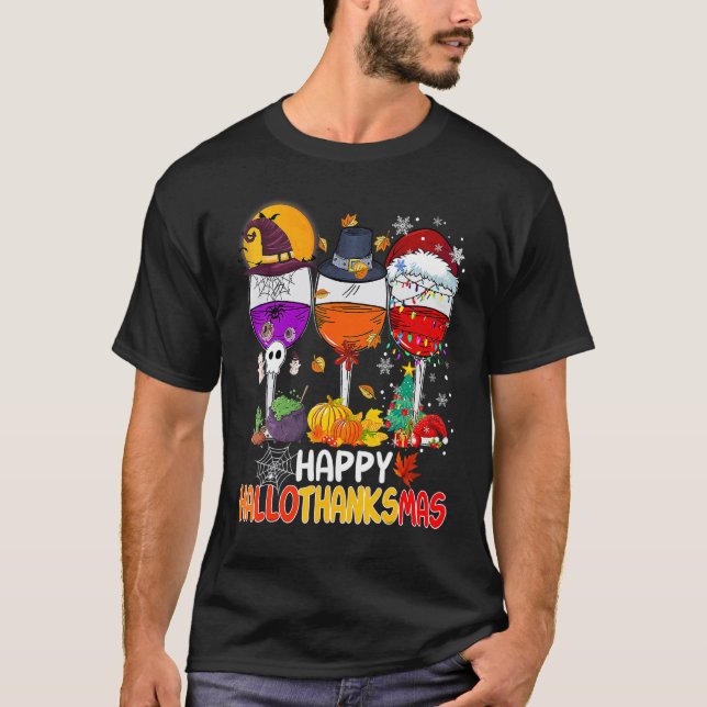 Happy Hallothanksmas Wine Glasses Witch Santa Hat  T Shirt (Framsida)