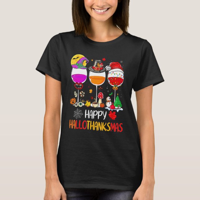 Happy Hallothanksmas Wine Glasses Witch Santa Hat  T Shirt (Framsida)