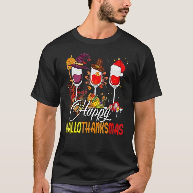 Happy Hallothanksmas Wine Glasses Witch Santa Hat  T Shirt (Framsida)