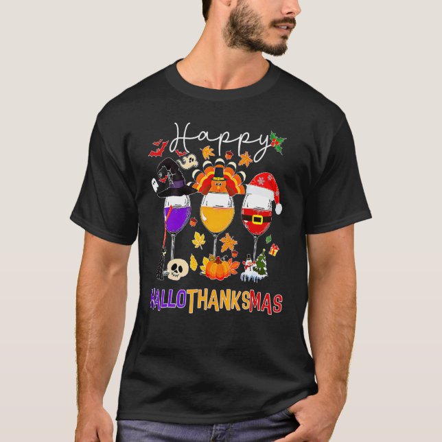 Happy Hallothanksmas Wine Glasses Witch Santa Hat  T Shirt (Framsida)