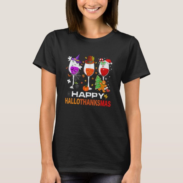 Happy Hallothanksmas Wine Glasses Witch Santa Hat  T Shirt (Framsida)
