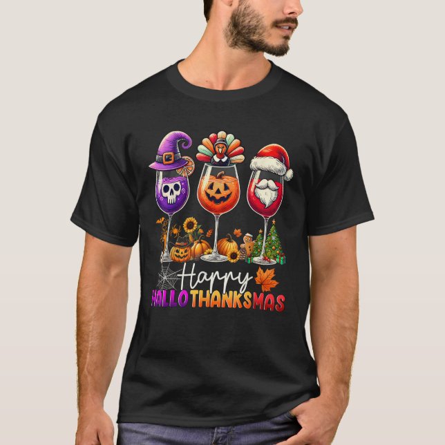 Happy Hallothanksmas Wine Halloween Thanksgiving C T Shirt (Framsida)