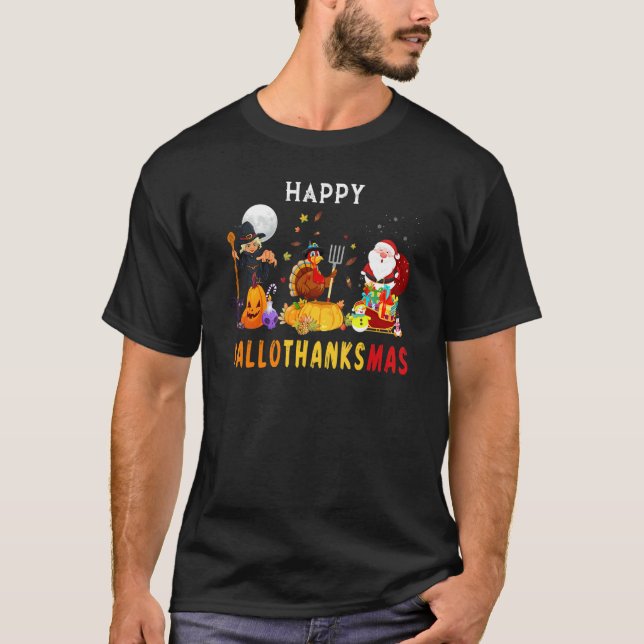 Happy HalloThanksMas Witch Turkey Santa Three Holi T Shirt (Framsida)