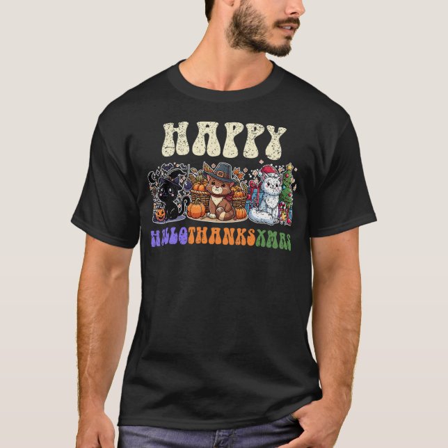 Happy Hallothanksxmas Cat Halloween Thanksgiving C T Shirt (Framsida)