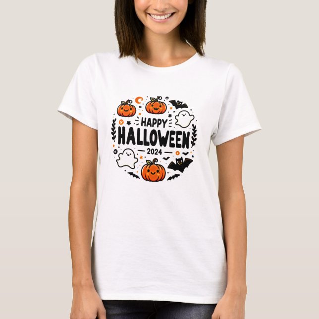 Happy halloween 2024 Cute Pumpkin, Ghost och Fladd T Shirt (Framsida)