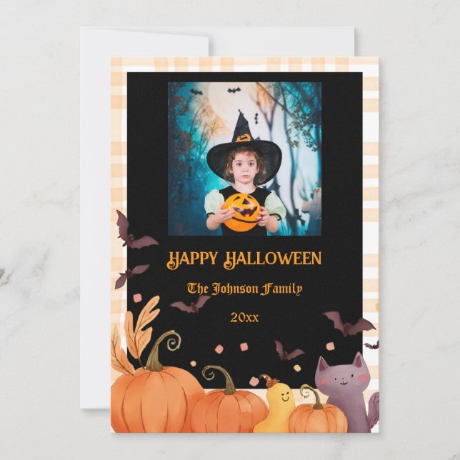 Happy halloween Anpassningsbar Photo Gingham Helgd Kort (Framsida)
