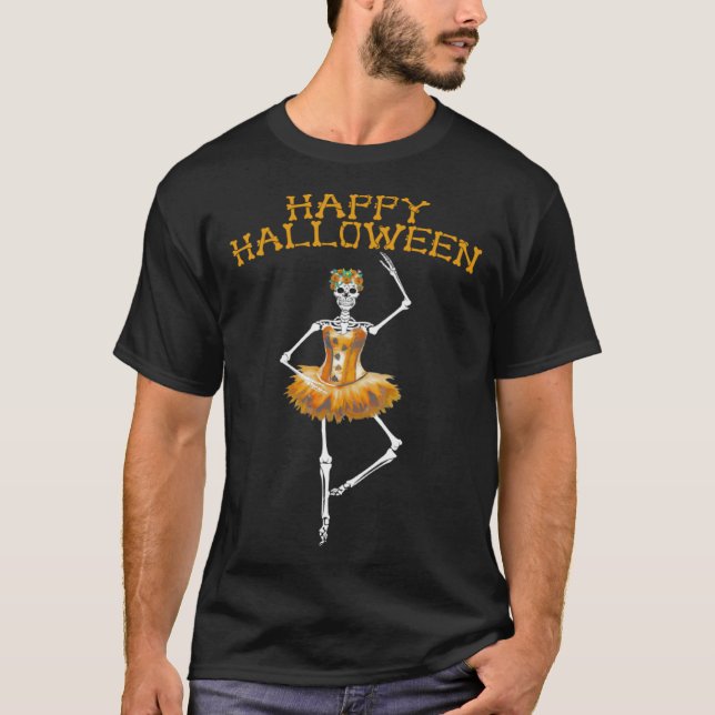 Happy Halloween Ballet Dance skeleton tutu T Shirt (Framsida)