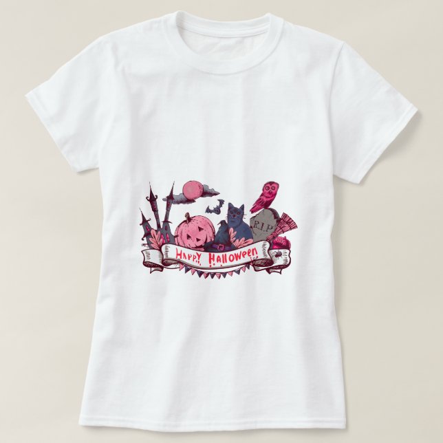 Happy Halloween Banner with Castle, Pumpkin, Black T Shirt (Design framsida)