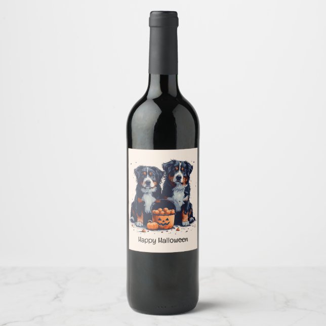 Happy halloween Bernese Mountain Hundar Pumpkin Vinflaska Etikett (Framsida)