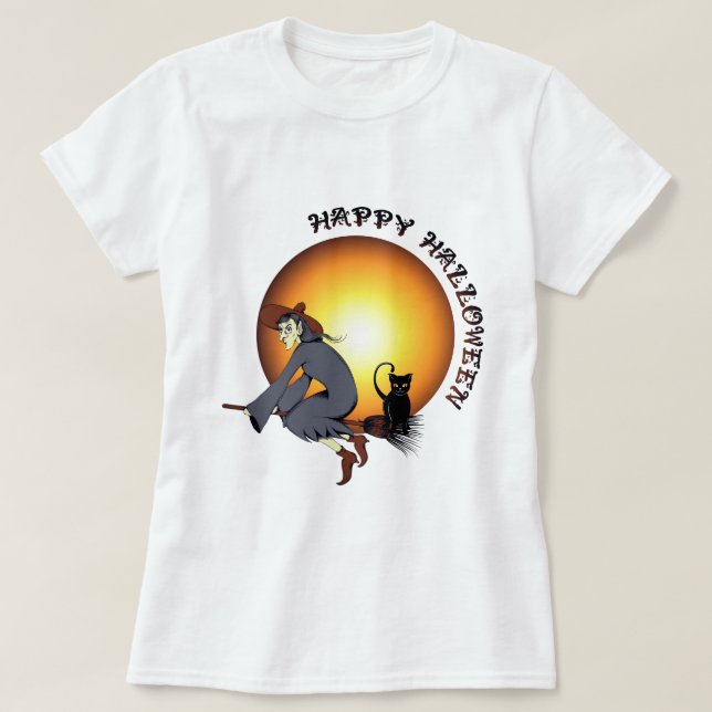 Happy halloween Black Cat and Witch Tee Shirt (Design framsida)