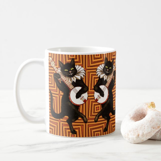happy halloween Black Cat Banjo Orange Background Kaffemugg (Med munk)