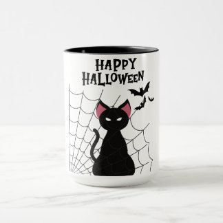 HAPPY HALLOWEEN Black Cat, Fladdermus och Webben. Mugg