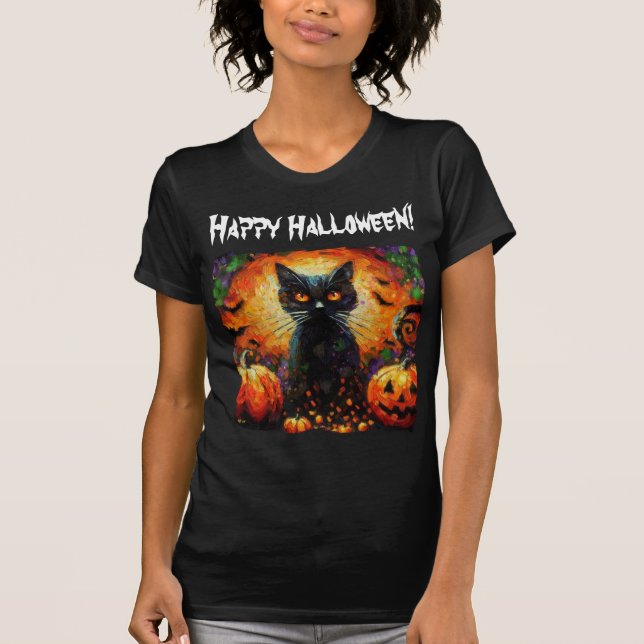 Happy halloween Black Cat Fladdermus Pumpkins T Shirt (Framsida)