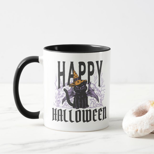 HAPPY HALLOWEEN BLACK CAT FLADDERMUS VINGAR MUGG (Med munk)