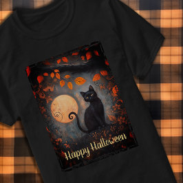 Happy halloween Black Cat Full Moon Art Ornate T Shirt