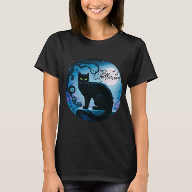 Happy halloween Black Cat Full Moon Halloween T Shirt (Framsida)