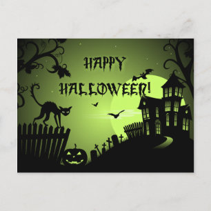 Happy halloween Black Cat Haunted House Vykort