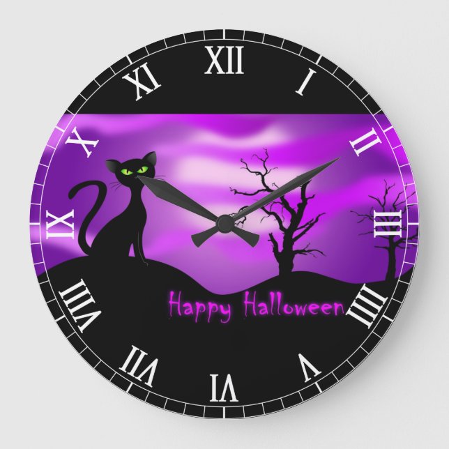 Happy halloween Black Cat Lila Stor Klocka (Framsida)