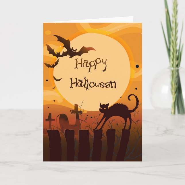 Happy halloween Black Cat och Fladdermus Kort (Framsida)