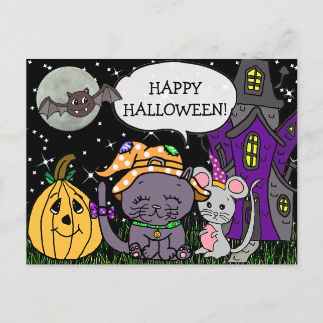 Happy halloween Black Cat och Mouse Cute Vykort (Framsida)
