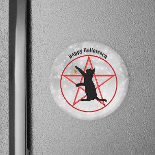 Happy halloween Black Cat Pentagram på Grått White Magnet