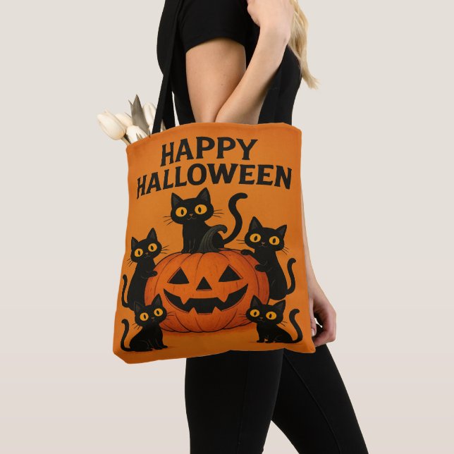 Happy halloween Black Cat & Pumpkin Tygkasse (Närbild)